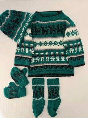 Kids Teal and White Nordic Knit Sweater Set with Mittens, Hat & Socks